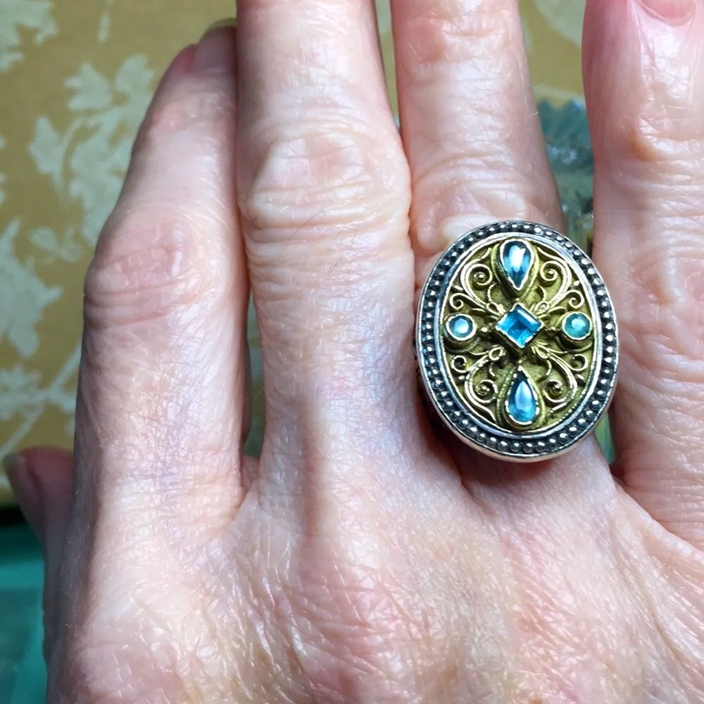 Konstantino Gold and Light Blue Gemstone Oval Filigree Ring - Picture 9 of 10